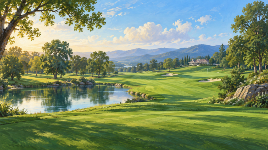 緑のフェアウェイを描いたゴルフ風景のAI生成イラスト（実在コースの写真ではありません）